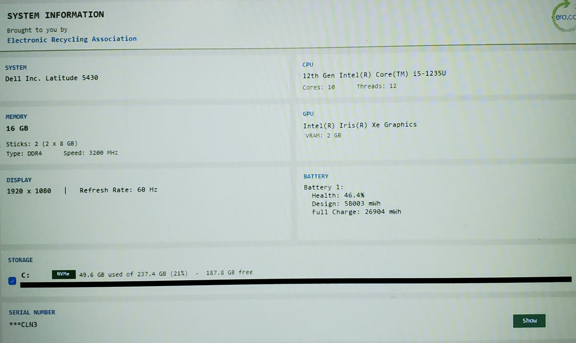 Dell Latitude 5430 Core i5-1235U 16GB RAM 256GB SSD READ