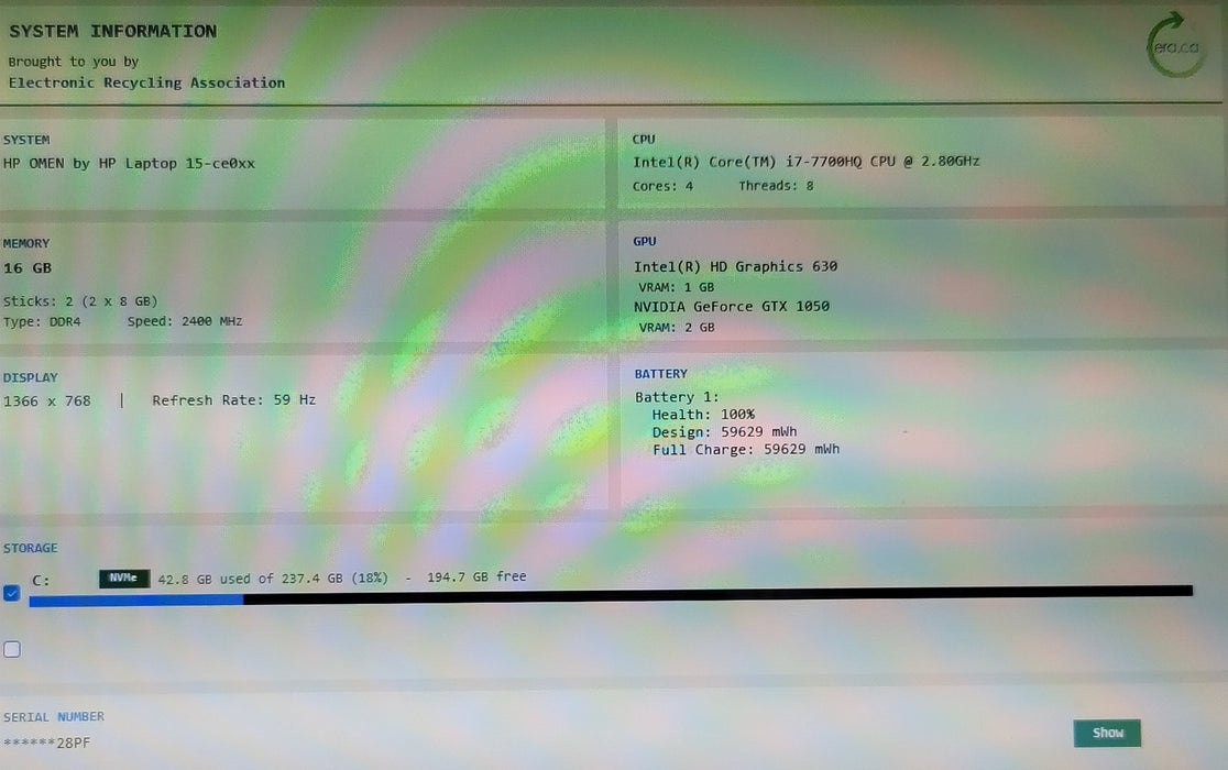 HP Omen Laptop 15" i7-7700HQ 16GB DDR4 GTX 1050 256GB NVMe READ