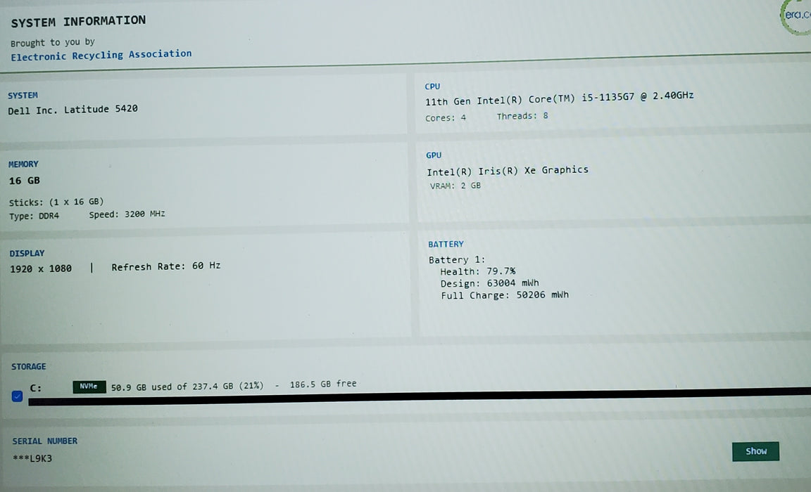 Dell Latitude 5420 Intel Core i5-1135G7 2.40GHz 16GB RAM 256GB SSD