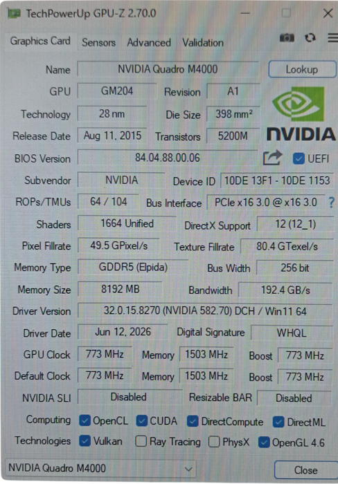 NVIDIA Quadro M4000 Graphics Card | 8GB GDDR5 | 4x DisplayPort