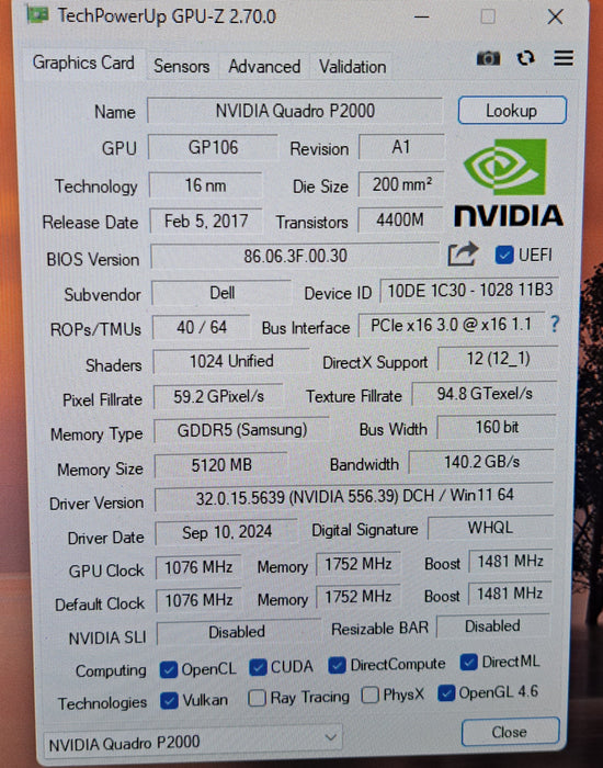 Dell NVIDIA Quadro P2000 5GB GDDR5 Graphics Card | 4x DisplayPort