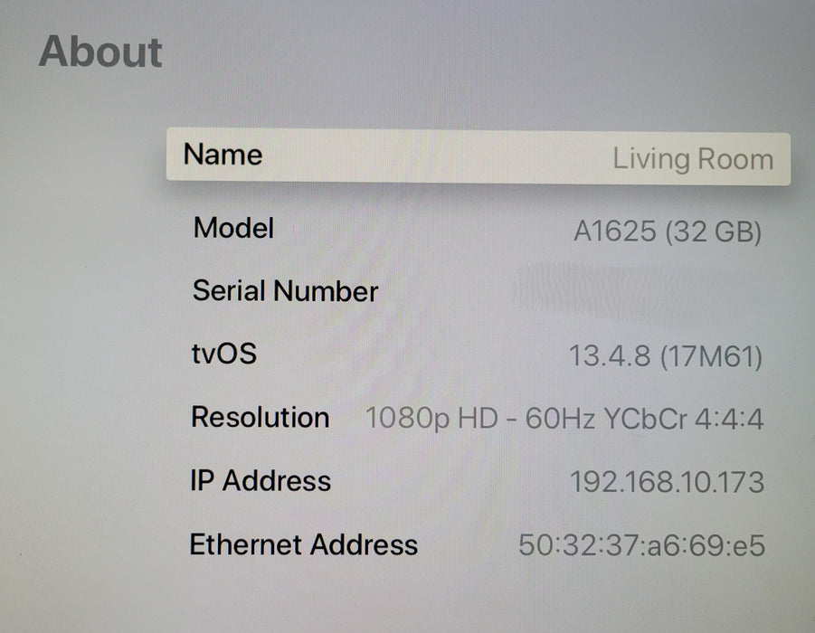 APPLE TV A1625 4th Gen - 32GB 1080P - NO REMOTE