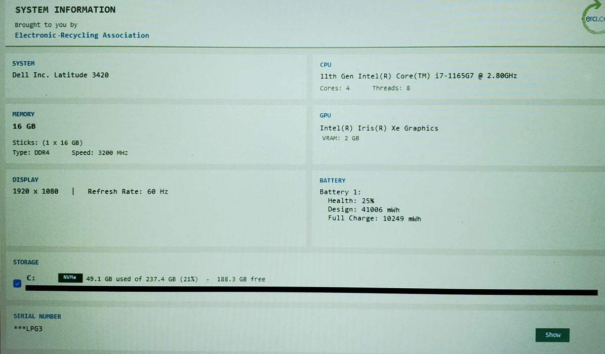 Dell Latitude 3420 i5-1135G7 - 16GB RAM - 256 GB NVME READ