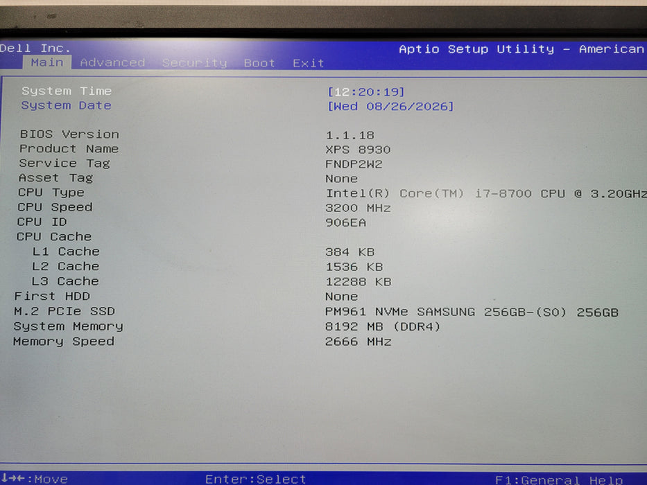 DELL XPS 8930 Desktop Tower Intel Core i7-8700 8GB RAM 256GB NVMe