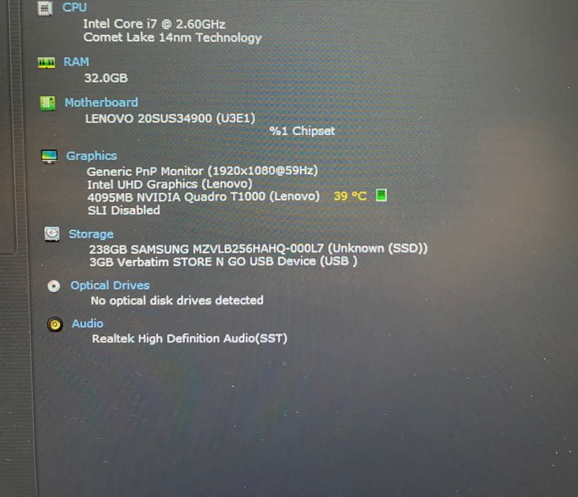 Lenovo ThinkPad P15 Gen 1 i7-10750H QUADRO T1000 4GB GPU 32GB RAM 256GB SSD