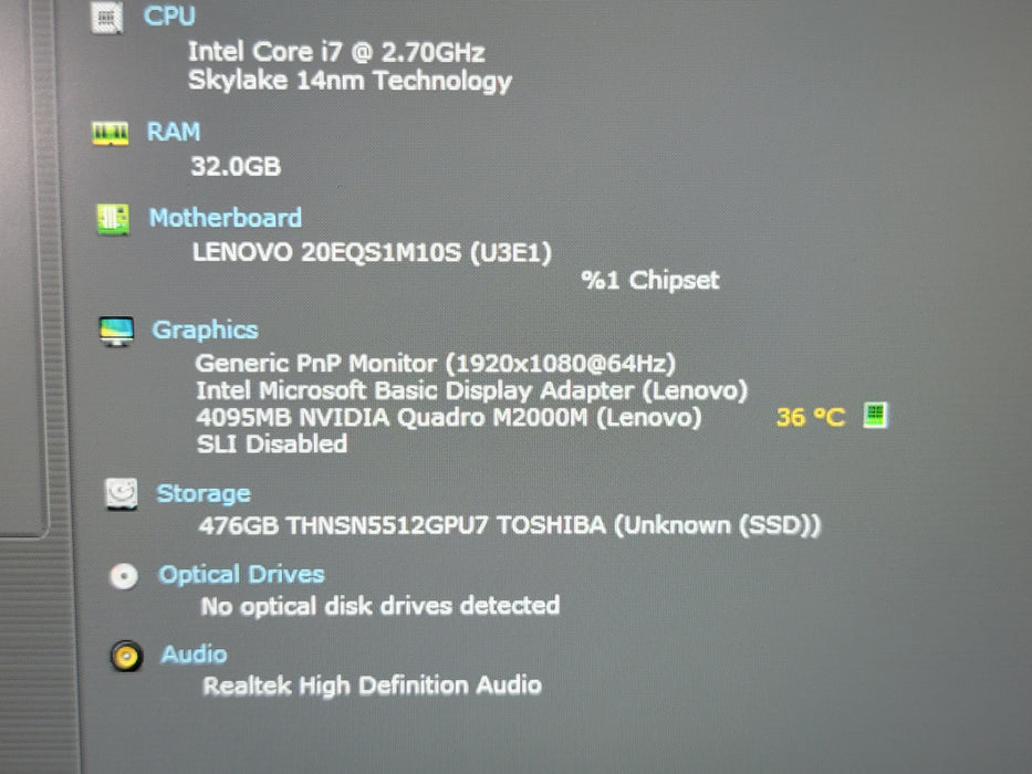 Lenovo P50 Core i7-6820HQ @ 2.7GHz 32GB RAM 500GB SSD GPU  4GB
