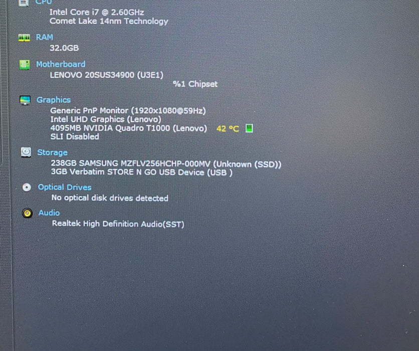 Lenovo ThinkPad P15 Gen 1 i7-10750 QUADRO T1000 4GB GPU 32GB RAM 256GB SSD