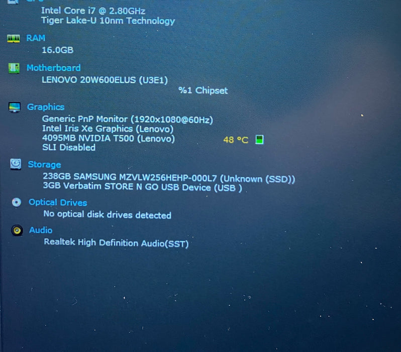 Lenovo ThinkPad P15s Gen 2 i7-1165G7 NVIDIA T500 4GB GPU 16GB RAM 256GB SSD