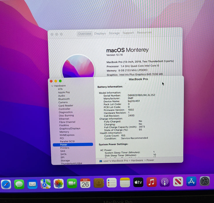 Apple MacBook Pro 13" 2019 i5-8257U 8GB RAM 256GB SSD No Power Adapter READ!