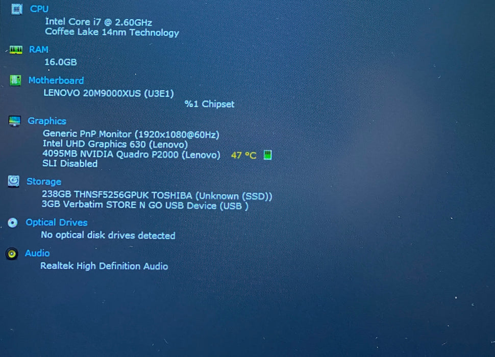 Lenovo ThinkPad P52 i7-8850H QUADRO P2000 4GB GPU 16B RAM 256GB SSD