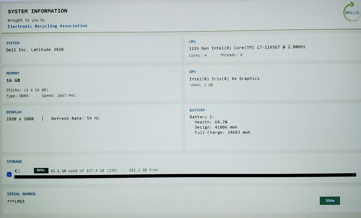 Dell Latitude 3420 i7-1165G7 - 16GB RAM - 256 GB NVME READ