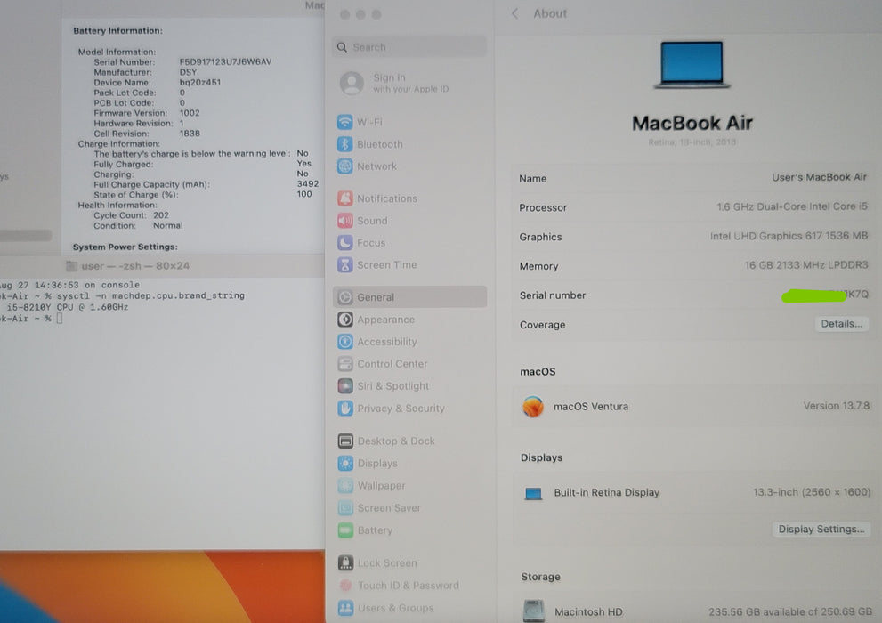 Apple MacBook Air Retina 13" 2018 A1932 i5-8210Y 16GB RAM 256GB SSD NO ADAPTER