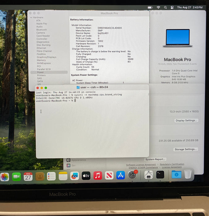 Apple MacBook Pro 13" 2020 i5-8257U 8GB RAM 256GB SSD No power Adapter