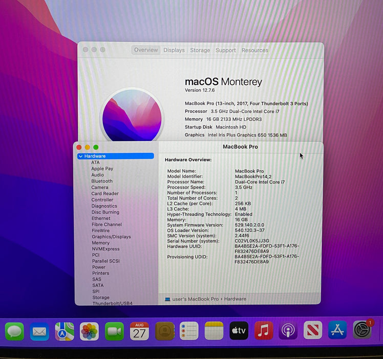 Apple MacBook Pro 13" 2017 i7-7567U 16GB RAM 1TB SSD No Power Adapter READ!