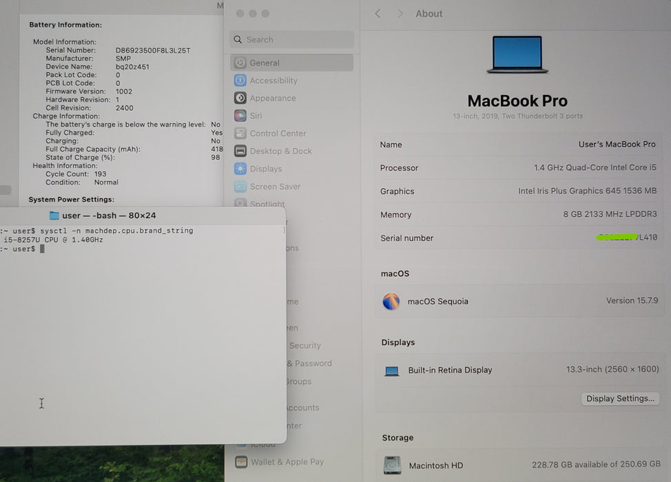 Apple MacBook Pro 13" 2019 A2159 i5-8257U 8GB RAM 256GB SSD NO ADAPTER