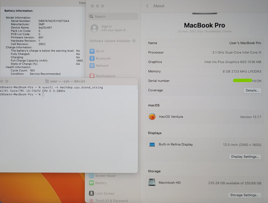 Apple MacBook Pro 13" 2017 A1706 i5-7267U 8GB RAM 256GB SSD FOR PARTS/REPAIR