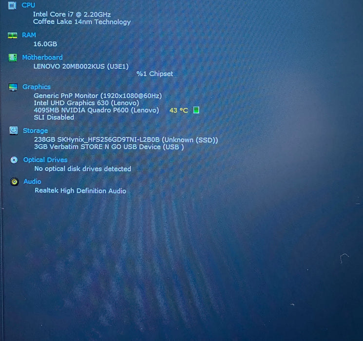 Lenovo ThinkPad P72 i7-8750H QUADRO P600 4GB GPU 16GB RAM 256GB SSD