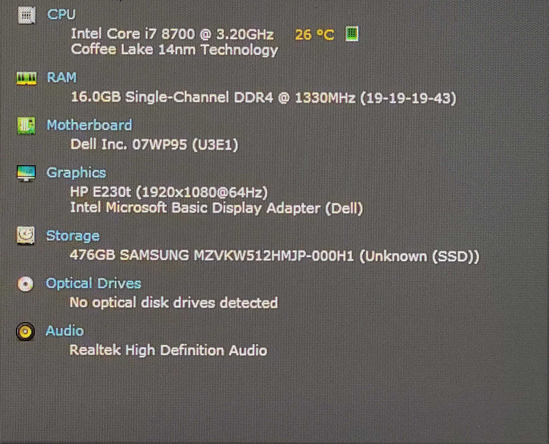 Dell OptiPlex 3060 SFF, i7-8700 3.20GHz 6C, 16GB DDR4, 256GB NVMe