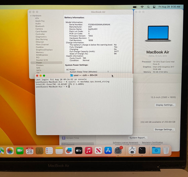 Apple MacBook Air 13" 2018 i5-8210Y 16GB RAM 256GB SSD No Power Adapter READ!