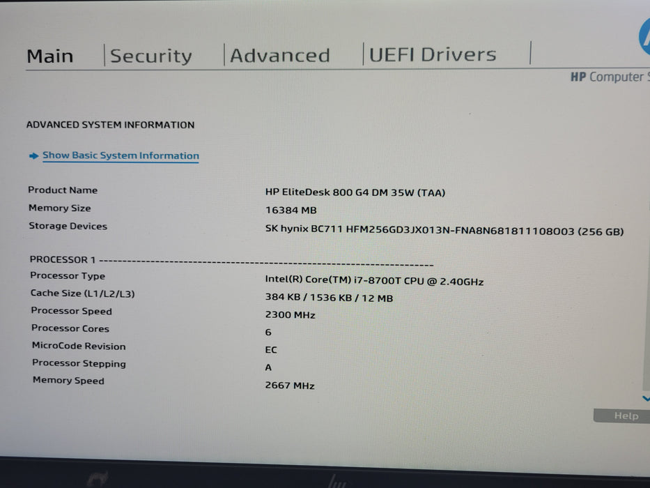 HP EliteDesk 800 G4 Mini PC, core I7-8700T 2.40GHz, 16GB DDR4, 256GB NVMe, READ