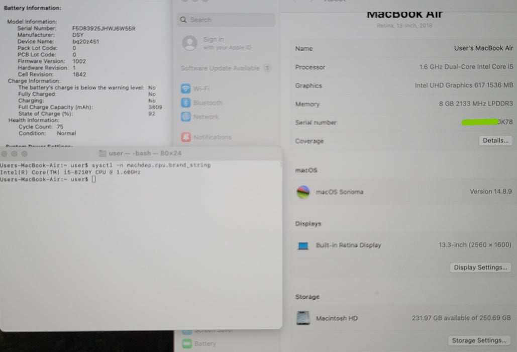 Apple MacBook Air 13" 2018 A1932 i5-8210Y 8GB RAM 256GB SSD NO ADAPTER