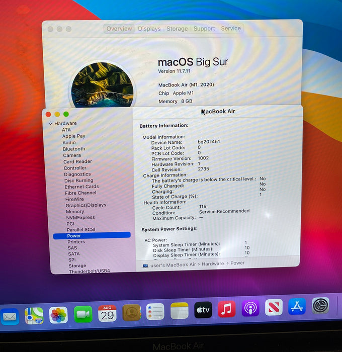 Apple MacBook Air M1 2020 8GB 256SSD Faulty LCD Faulty Battery For Parts/Repair