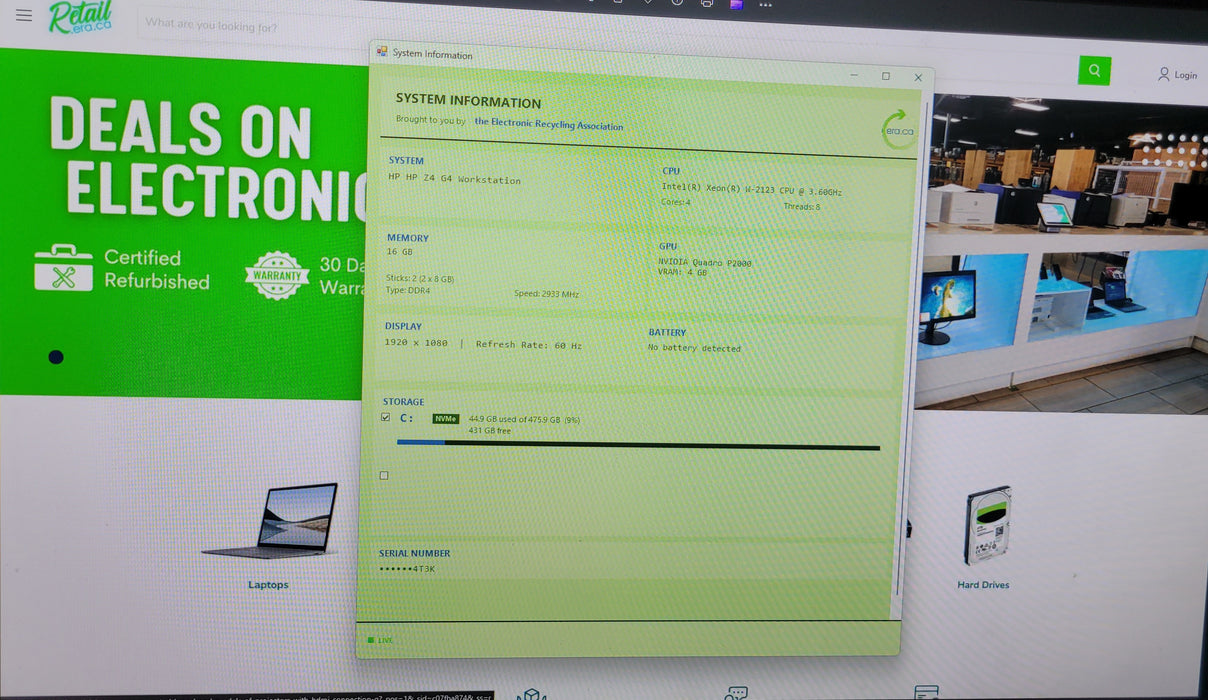 HP Z4 G4 Workstation | Xeon W-2123 @3.60GHz 16GB DDR4 512GB NVMe Quadro P2000