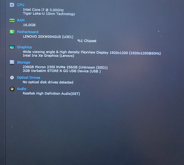 Lenovo ThinkPad X1 Carbon Gen 9 i7-1185G7 3.00GHz 16GB RAM 256GB SSD