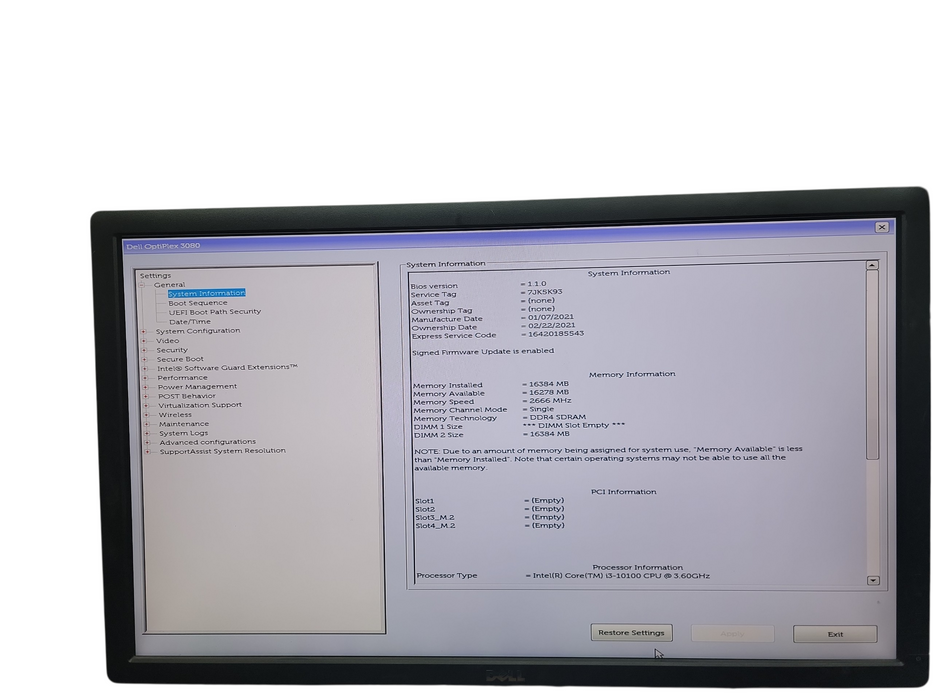 Dell Optiplex 3080 SFF i3 - 10100 @ 3.60GHz 16GB DDR4 Ram No HDD