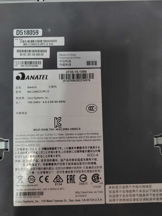 Cisco WS-C3560CX-8PC-S 8-Port Gigabit PoE+ 2x SFP Switch _