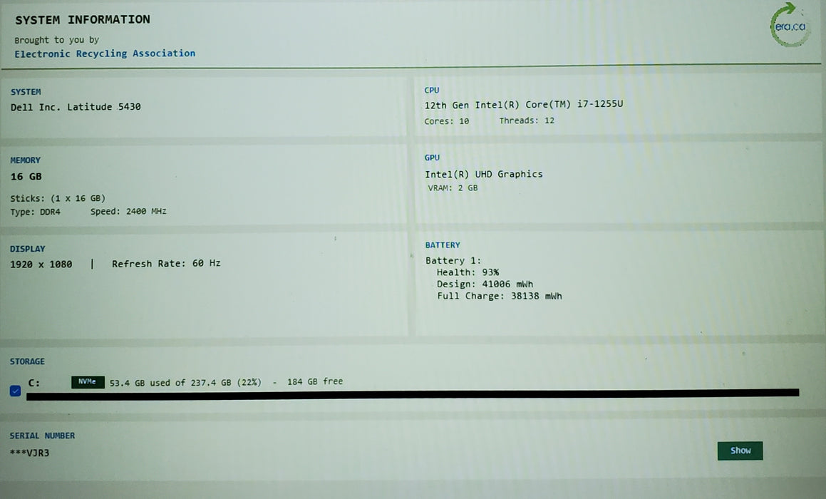 Dell Latitude 5430 Core i7-1255U 16GB RAM 256GB SSD