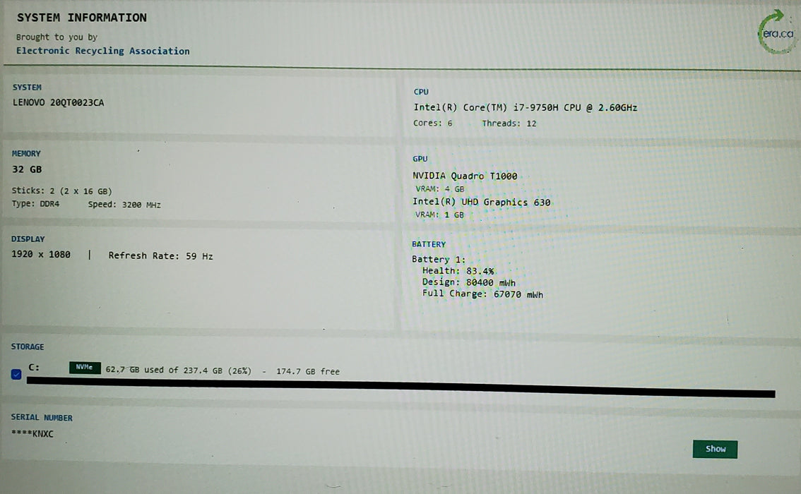 Lenovo ThinkPad P1 Gen 2 i7-9750H 32GB RAM 256GB SSD NVIDIA T1000