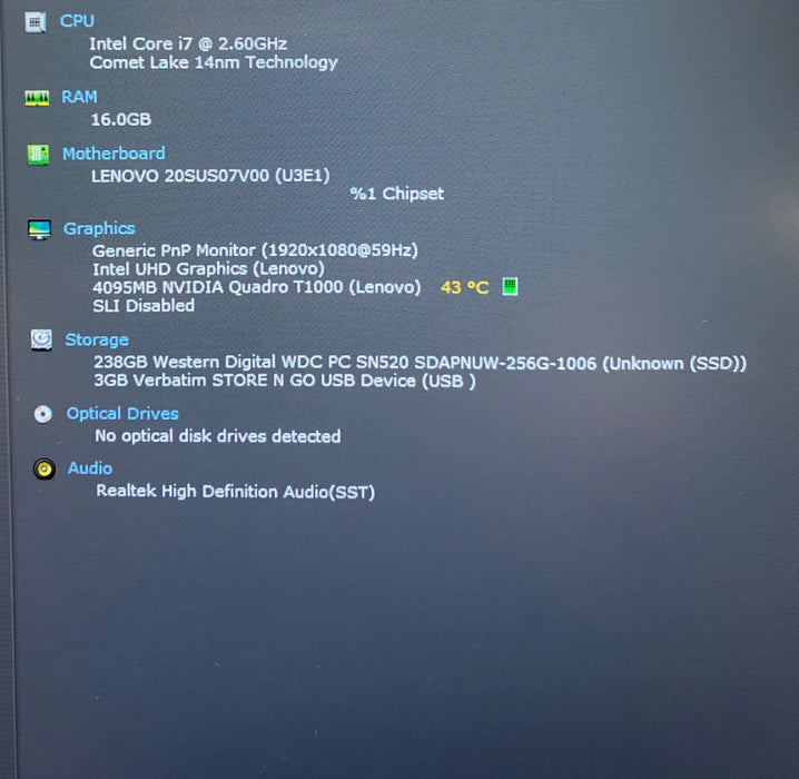 Lenovo ThinkPad P15 Gen 1 i7-10750H QUADRO T1000 4GB GPU 16GB RAM 256GB SSD