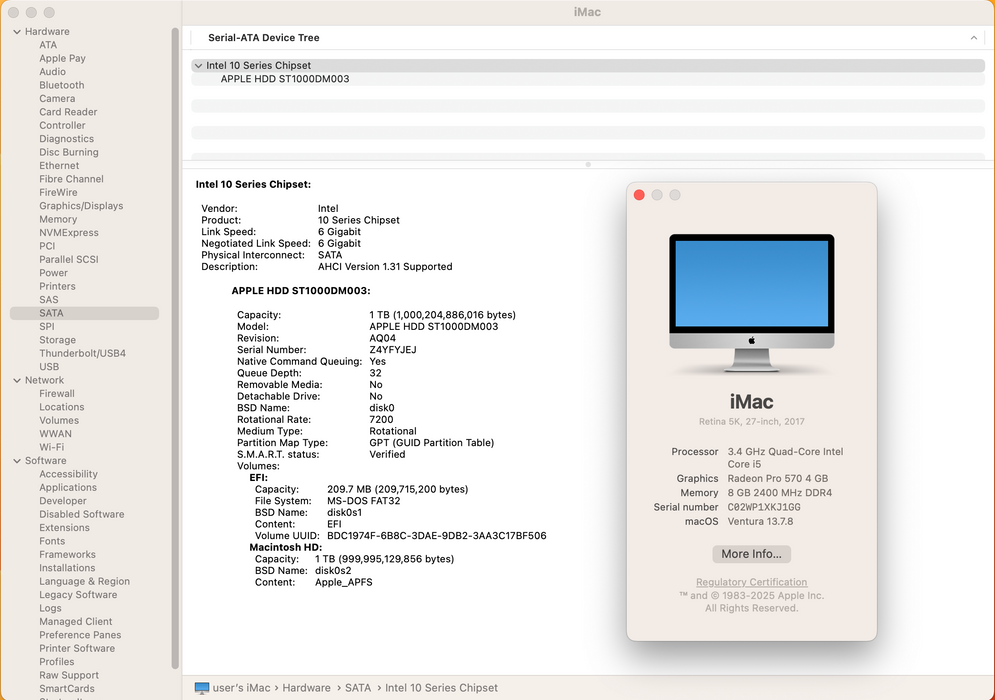 Apple iMac A1419 27" Retina 5K, i5-7500, 8GB DDR4, Radeon Pro 570, 1TB Storage