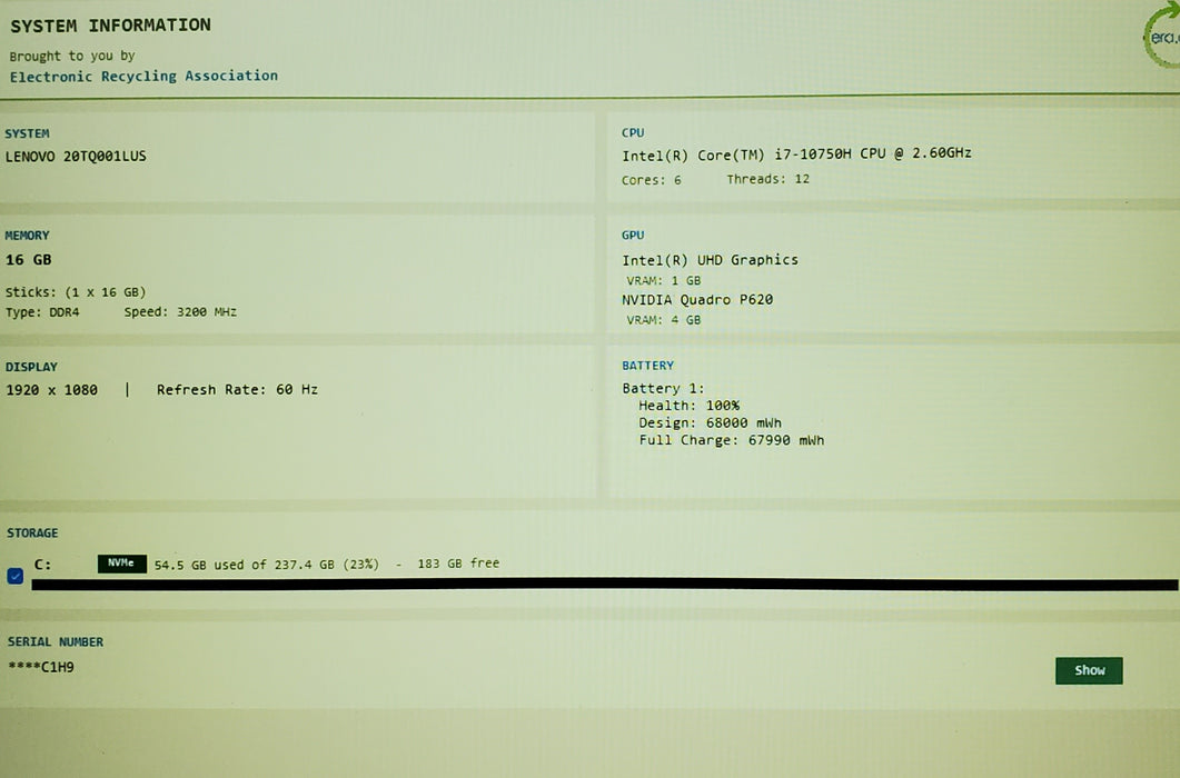Lenovo ThinkPad P15v Gen 1 TOUCH 15.6” i7-10750H 16GB 256GB SSD Quadro P620