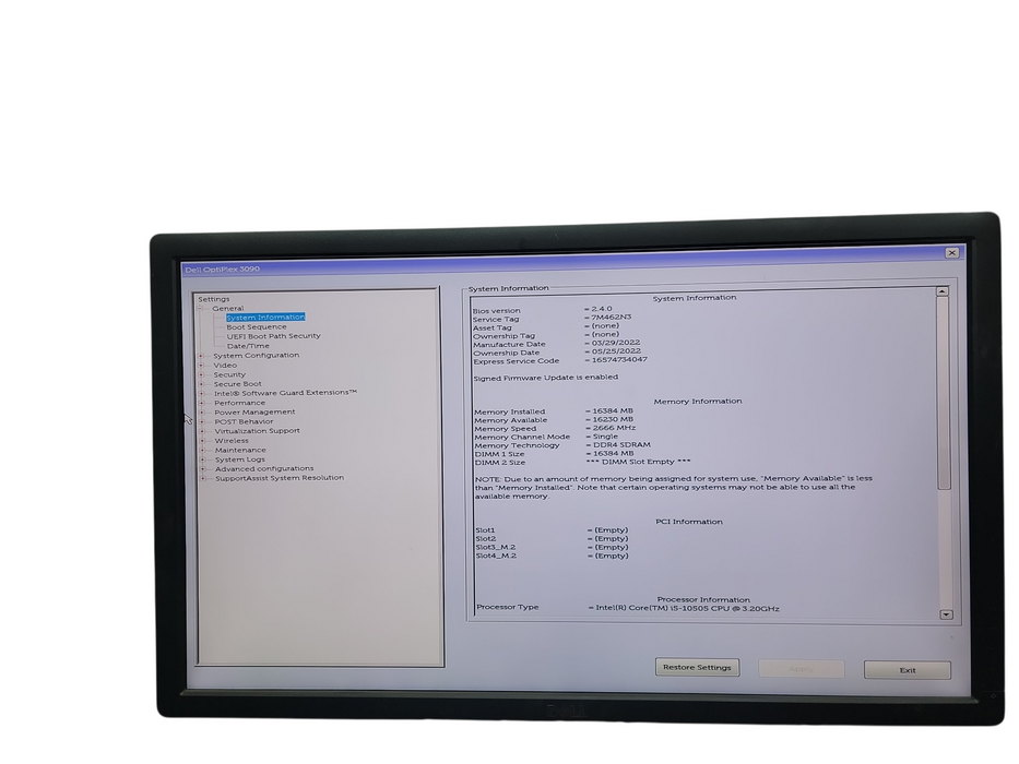 Dell Optiplex 3090 SFF i5 - 10505 @ 3.20GHz 16GB DDR4 Ram No HDD
