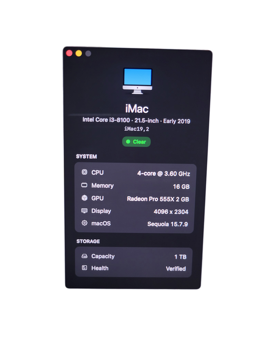 Apple iMac 19,2 Early 2019 - Core i3-8100 16GB RAM Radeon Pro 555X 2GB 1TB HDD