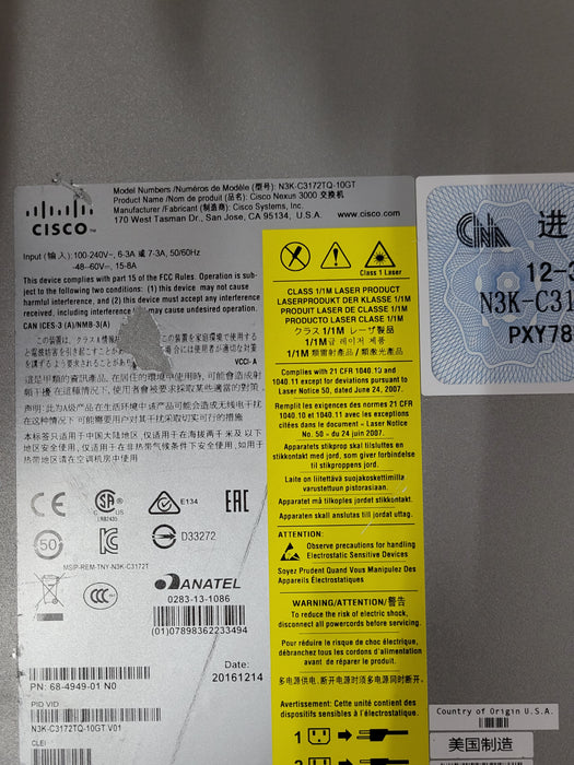 Cisco Nexus N3K-C3172TQ-10GT 48x 10GbE RJ45 +6x 40Gb QSFP+ Port 2x PSU