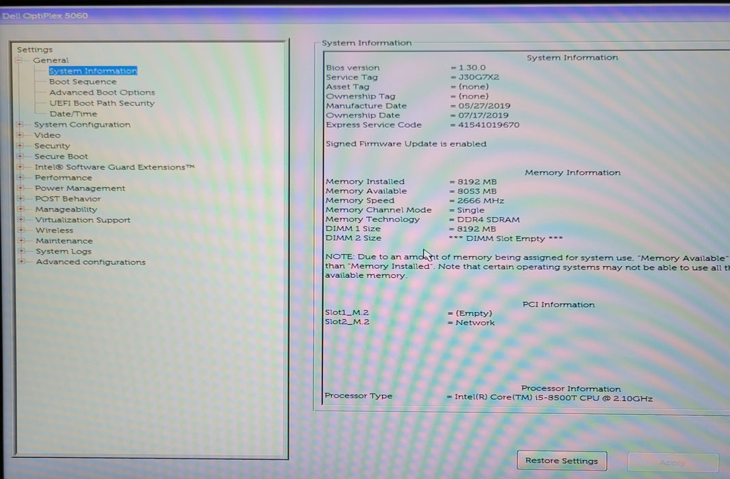Dell Optiplex 5060 Micro, Core i5-8500T 2.10GHz, 8 GB DDR4, 256GB SATA SSD
