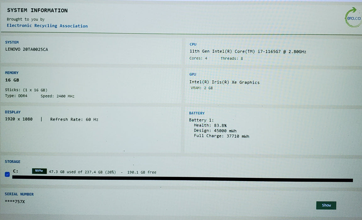 Lenovo ThinkPad E14 Gen 2 i7-1165G7 16GB DDR4 256GB NVMe READ