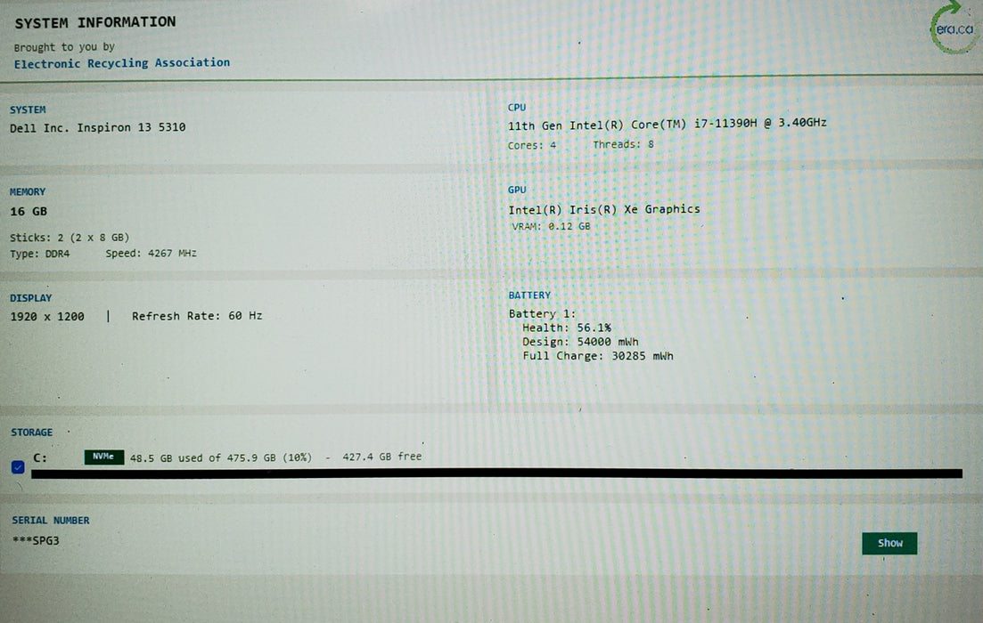 Dell Inspiron 13 5310 13" Core i7-11390H 3.4GHz 16GB RAM 512GB SSD READ