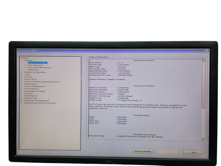 Dell OPtiplex 3080 SFF i5 -10505 @ 3.20GHz 16GB DDR4 Ram No HDD