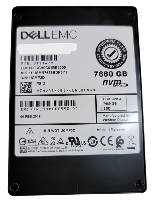 7.68TB NVMe 2.5" PCIe G3 Dell /HGST EMC U.2 SSD - HUSMR7676BDP3Y1 118000590(520)