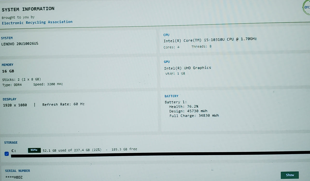 Lenovo ThinkPad L14 Gen 1 i5-10310U 16GB RAM 256GB SSD READ
