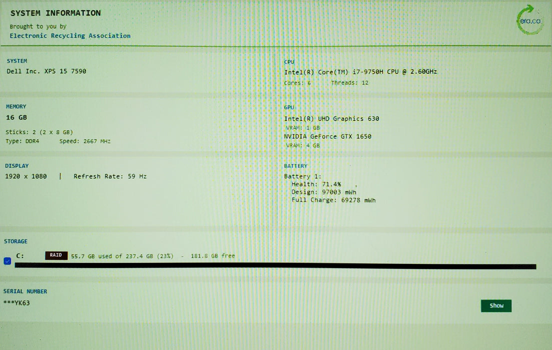 Dell XPS 15 7590 15" i7-9750H GTX1650 4GB GPU 16GB RAM 256GB SSD READ