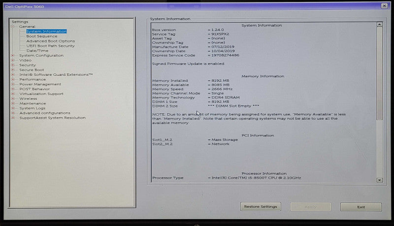 Dell Optiplex 3060 Micro Desktop, i5-8500T 2.10GHz, 8GB RAM, 256GB Nvme