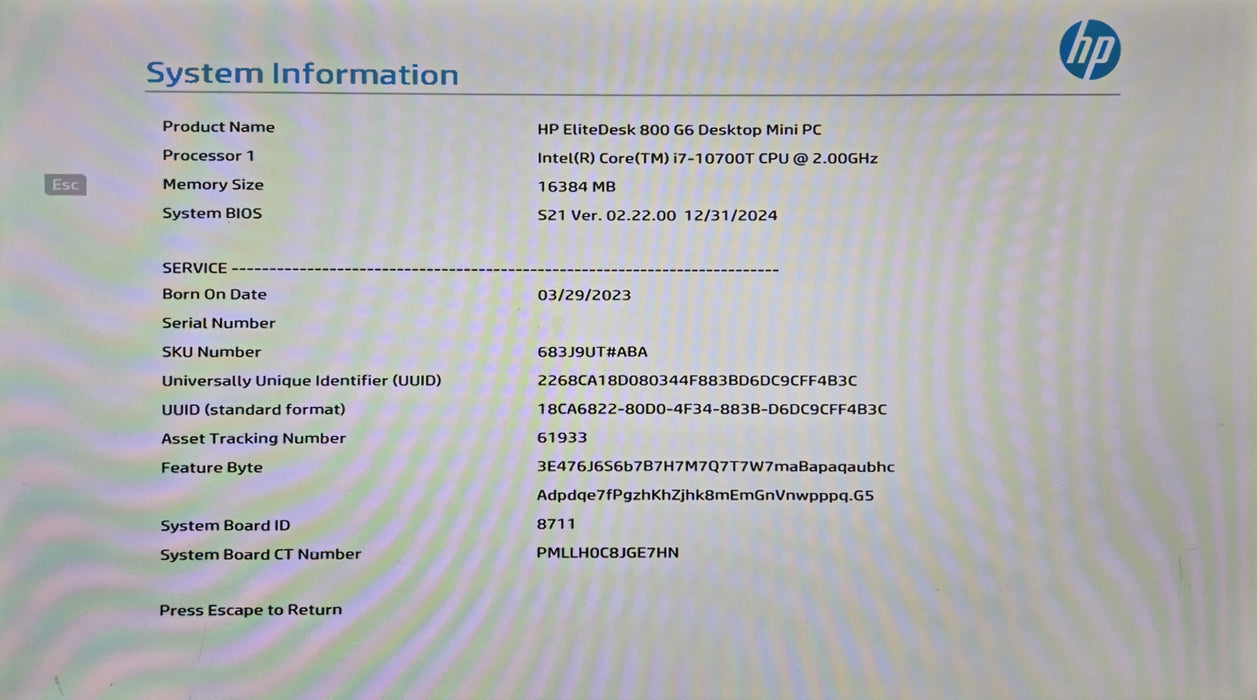 HP EliteDesk 800 G6 Mini i7-10700T, 16GB DDR4, 256GB NVMe, AC Adapter, READ