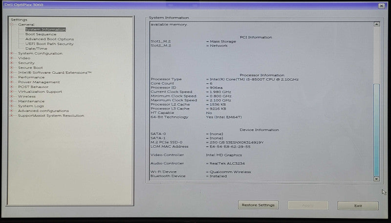 Dell Optiplex 3060 Micro Desktop, i5-8500T 2.10GHz, 8GB RAM, 256GB Nvme