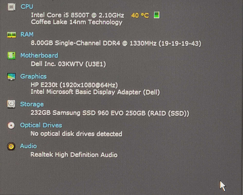 Dell Optiplex 3060 Micro Desktop, i5-8500T 2.10GHz, 8GB RAM, 256GB Nvme