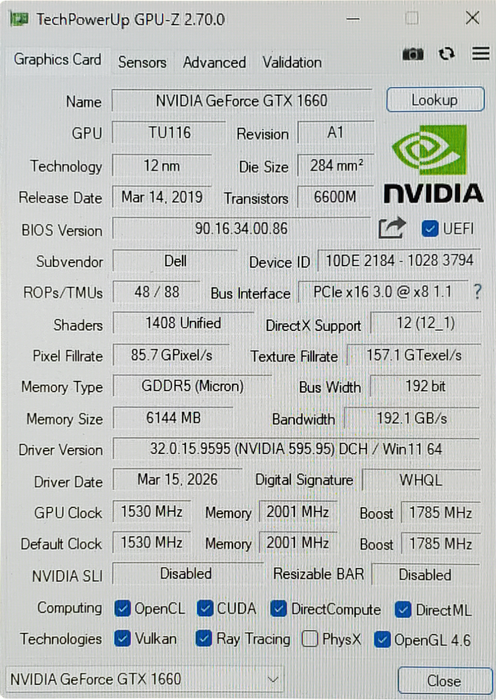 NVIDIA GeForce GTX 1660 6GB GDDR5 Graphics Card | 1xDP 1xDVI 1xHDMI
